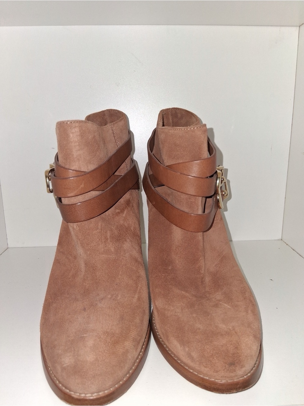 Jimmy Choo Tan Suede Ankle Booties with Wrap-Strap Buckles